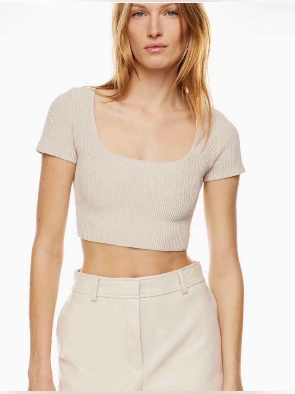 Babaton Ribbed Scoop Crop Top in Tan